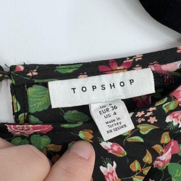 Topshop Women's Capelet Short Sleeve Floral Print Ruffle Top Blouse Black Size 4 - Picture 7 of 13
